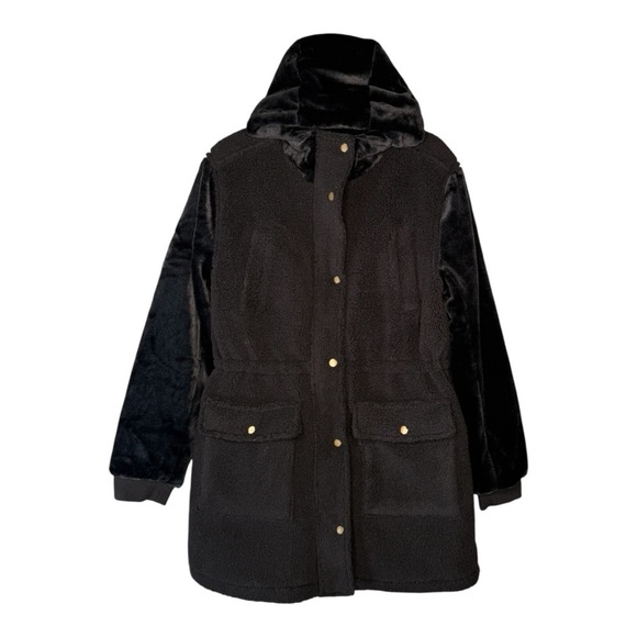 Eden Society Black Faux Fur Sherpa Hooded Snap Zip Closure Winter Jacket NEW - Picture 1 of 15